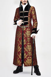 Manteau Long Gothique pour Hommes en Jacquard Rouge et Or Style Pirate